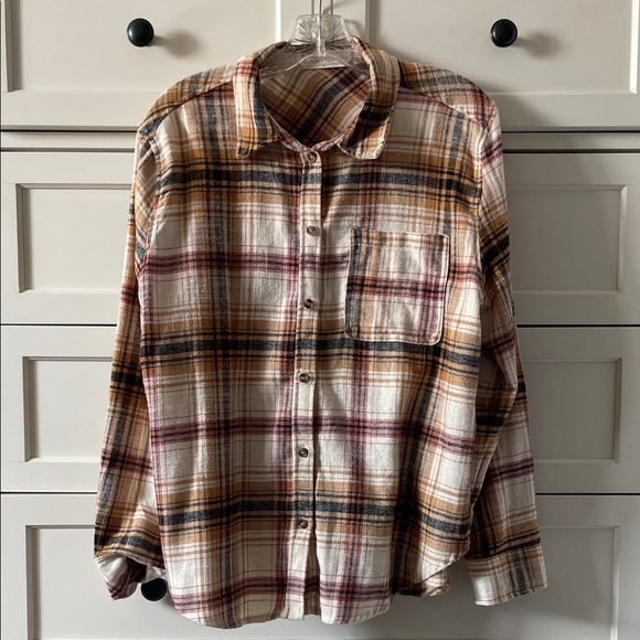 Stitch And Feather Tops - Stitch&Feather Oversized Fall Cozy Plaid Flannel Button Down Shirt Mustard/Red M